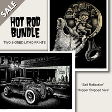 Load image into Gallery viewer, mc escher style hot rod self reflection . ed hopper style hot rod diner