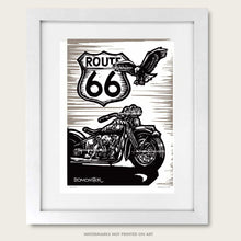 Load image into Gallery viewer, classic harley-davidso panhead and route 66 sign litho print by bomonster