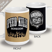 Load image into Gallery viewer, speed kills boredom hot rod monster flames mug design by bomonster
