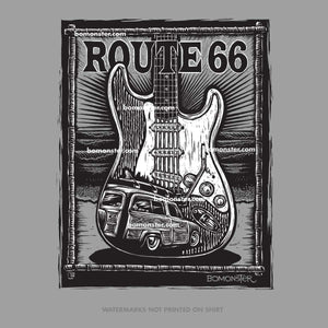 route 66 t-shirt with fender stratocaster guitar and ford woody in waves