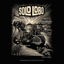 Load image into Gallery viewer, bomonster vintage harley in desert with cowboy and lone wolf.
