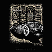 Load image into Gallery viewer, bomonster rat rod in front of four tiki heads