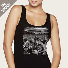 Load image into Gallery viewer, girl on chopper motorcycle at beach waves womens tank top by bomonster