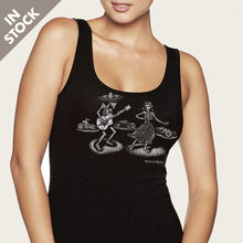 Load image into Gallery viewer, day of dead guitar skeletons on womens vee tank top by bomonster