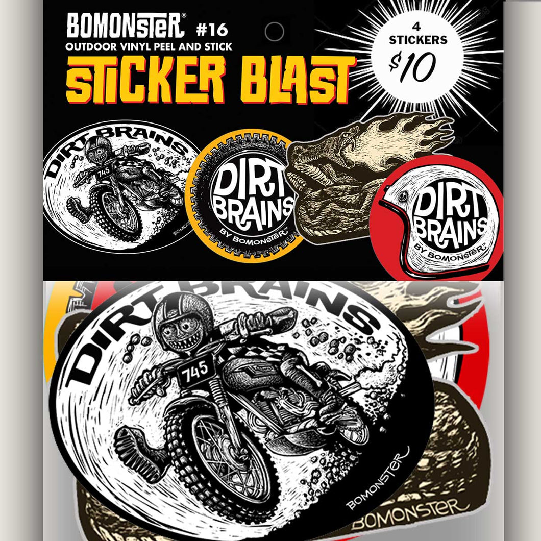 dirt bike desert racer, rattlesnake, dirt brains stickers by bomonster