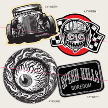 Load image into Gallery viewer, bomonster stickers hot rod, speed kills boredom, flying eye