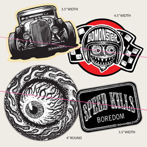 bomonster stickers hot rod, speed kills boredom, flying eye