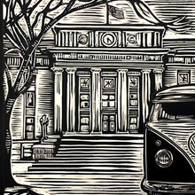 Load image into Gallery viewer, Early Western Courthouse &amp; Classic Split-Window Bus – Framed 8x10 Original Scratchboard Art