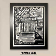 Load image into Gallery viewer, Early Western Courthouse &amp; Classic Split-Window Bus – Framed 8x10 Original Scratchboard Art