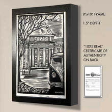 Load image into Gallery viewer, Early Western Courthouse &amp; Classic Split-Window Bus – Framed 8x10 Original Scratchboard Art