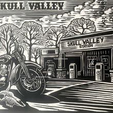 Load image into Gallery viewer, "Skull Valley Scout" Original 8x10 Framed Scratchboard Art, Vintage Roadside Gas Station &amp; Motorcycle Scene