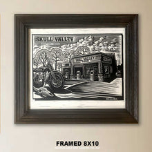 Load image into Gallery viewer, "Skull Valley Scout" Original 8x10 Framed Scratchboard Art, Vintage Roadside Gas Station &amp; Motorcycle Scene