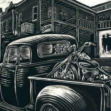 Load image into Gallery viewer, Vintage Chevy Truck &amp; Harley-Davidson Scratchboard Art – Truck Dog Alley Wall Art