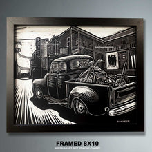 Load image into Gallery viewer, Vintage Chevy Truck &amp; Harley-Davidson Scratchboard Art – Truck Dog Alley Wall Art