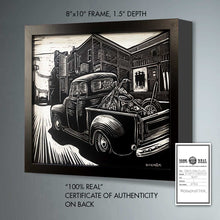 Load image into Gallery viewer, Vintage Chevy Truck &amp; Harley-Davidson Scratchboard Art – Truck Dog Alley Wall Art