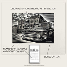 Load image into Gallery viewer, 1960s Chevy C10 Truck Scratchboard Art – Western Town Wall - Downtown Truck
