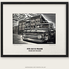 Load image into Gallery viewer, 1960s Chevy C10 Truck Scratchboard Art – Western Town Wall - Downtown Truck