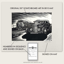 Load image into Gallery viewer, 1932 Ford Roadster vs Union Pacific Train – Route 66 Hot Rod Scratchboard Art - Train Race