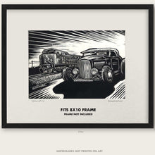 Load image into Gallery viewer, 1932 Ford Roadster vs Union Pacific Train – Route 66 Hot Rod Scratchboard Art - Train Race