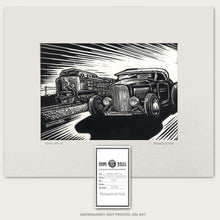 Load image into Gallery viewer, 1932 Ford Roadster vs Union Pacific Train – Route 66 Hot Rod Scratchboard Art - Train Race