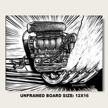 Load image into Gallery viewer, Blown HEMI Dragster Motor – Unframed "Blown" Original 16"x12" NHRA Nostalgia Scratchboard Art