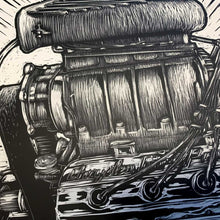 Load image into Gallery viewer, Blown HEMI Dragster Motor – Unframed "Blown" Original 16"x12" NHRA Nostalgia Scratchboard Art