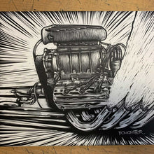 Load image into Gallery viewer, Blown HEMI Dragster Motor – Unframed "Blown" Original 16"x12" NHRA Nostalgia Scratchboard Art