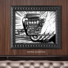 Load image into Gallery viewer, Blown HEMI Dragster Motor – Unframed "Blown" Original 16"x12" NHRA Nostalgia Scratchboard Art