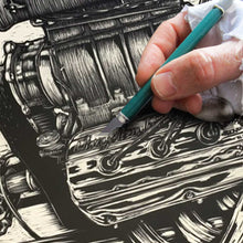 Load image into Gallery viewer, Blown HEMI Dragster Motor – Unframed "Blown" Original 16"x12" NHRA Nostalgia Scratchboard Art
