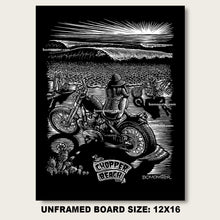 Load image into Gallery viewer, "Chopper Beach" – Original BOMONSTER Scratchboard Surf &amp; Motorcycle Art. 12"x16" Unframed
