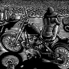 Load image into Gallery viewer, "Chopper Beach" – Original BOMONSTER Scratchboard Surf &amp; Motorcycle Art. 12"x16" Unframed