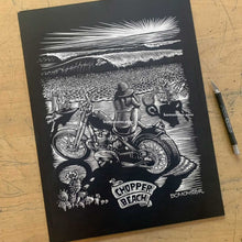 Load image into Gallery viewer, "Chopper Beach" – Original BOMONSTER Scratchboard Surf &amp; Motorcycle Art. 12"x16" Unframed