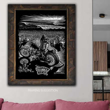 Load image into Gallery viewer, "Chopper Beach" – Original BOMONSTER Scratchboard Surf &amp; Motorcycle Art. 12"x16" Unframed