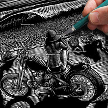 Load image into Gallery viewer, "Chopper Beach" – Original BOMONSTER Scratchboard Surf &amp; Motorcycle Art. 12"x16" Unframed