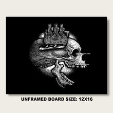 Load image into Gallery viewer, “Flathead Freak” – Original, Unframed 12"x16" Scratchboard Skull with Classic Ford V-8
