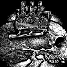 Load image into Gallery viewer, “Flathead Freak” – Original, Unframed 12"x16" Scratchboard Skull with Classic Ford V-8