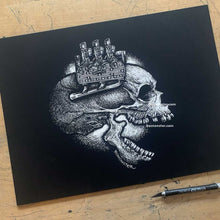 Load image into Gallery viewer, “Flathead Freak” – Original, Unframed 12"x16" Scratchboard Skull with Classic Ford V-8