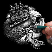 Load image into Gallery viewer, “Flathead Freak” – Original, Unframed 12"x16" Scratchboard Skull with Classic Ford V-8