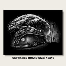 Load image into Gallery viewer, Original 16"x12" Unframed Scratchboard Art, Classic Surf Microbus, One-of-One Collector Piece.