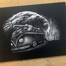 Load image into Gallery viewer, Original 16"x12" Unframed Scratchboard Art, Classic Surf Microbus, One-of-One Collector Piece.
