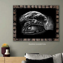 Load image into Gallery viewer, Original 16"x12" Unframed Scratchboard Art, Classic Surf Microbus, One-of-One Collector Piece.