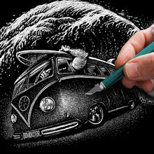 Load image into Gallery viewer, Original 16"x12" Unframed Scratchboard Art, Classic Surf Microbus, One-of-One Collector Piece.