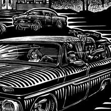 Load image into Gallery viewer, Unique, Original Unframed 12"x16" Chevy C10 &amp; Triumph Dirt Bike Art – Roadside Diner Scene.