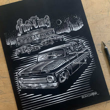 Load image into Gallery viewer, Unique, Original Unframed 12"x16" Chevy C10 &amp; Triumph Dirt Bike Art – Roadside Diner Scene.