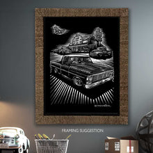 Load image into Gallery viewer, Unique, Original Unframed 12"x16" Chevy C10 &amp; Triumph Dirt Bike Art – Roadside Diner Scene.