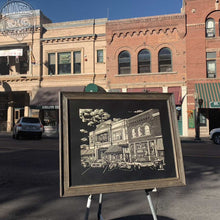 Load image into Gallery viewer, Original scratchboard illustration of Whiskey Row in Prescott, AZ by BOMONSTER