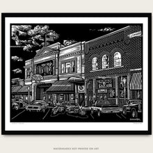 Load image into Gallery viewer, Whiskey row in Prescott, AZ with old cars and trucks parked out front of famous Palace Restaurant and saloon Scratchbard by BOMONSTER