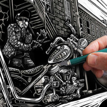 Load image into Gallery viewer, Signed 11x17" Old West Motorcycle Panhead Alley — Limited Edition Scratchboard Print