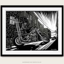 Load image into Gallery viewer, Signed 11x17" Old West Motorcycle Panhead Alley — Limited Edition Scratchboard Print