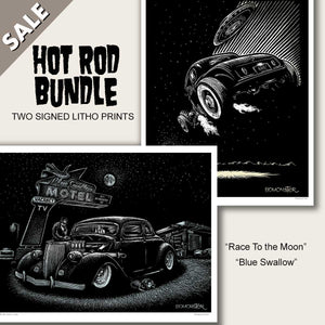 36 ford hot rod stopped at route 66 hotel. hot rod races ufo.